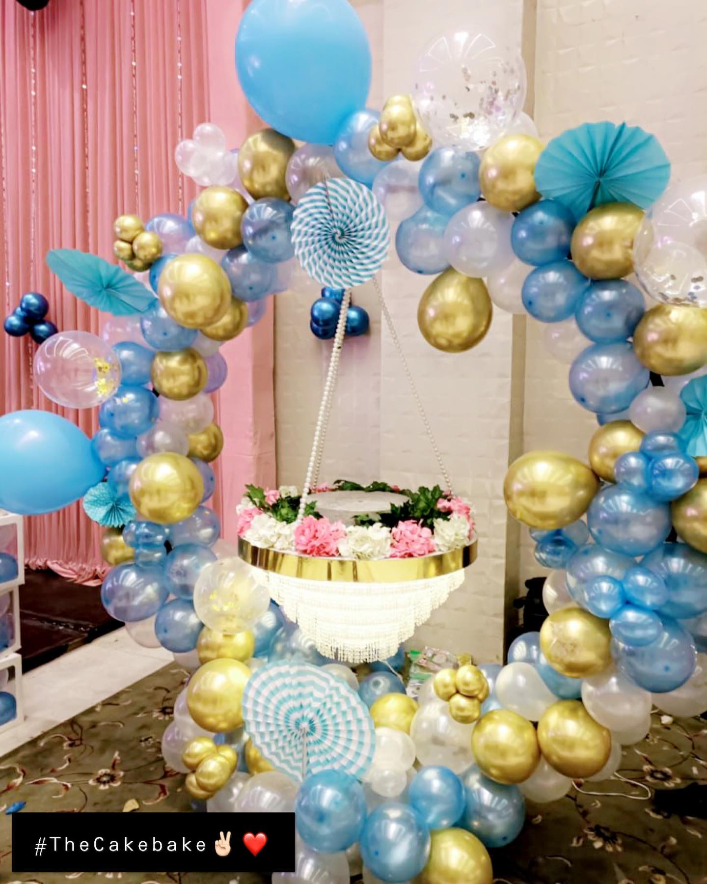 Dusty Blue Balloon Setup with Hanging Cake