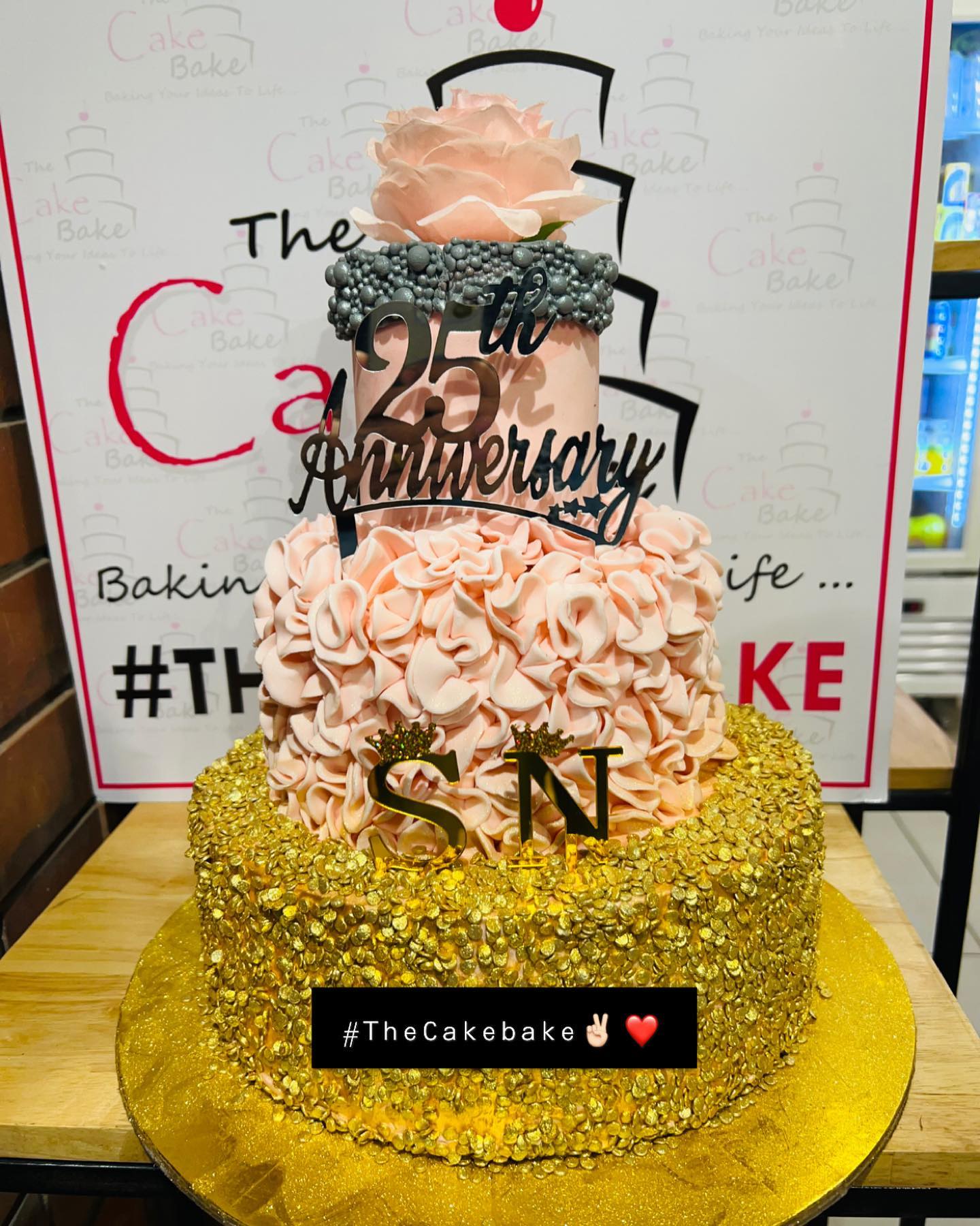 Pink and Golden Design 25th Anniversary Cake